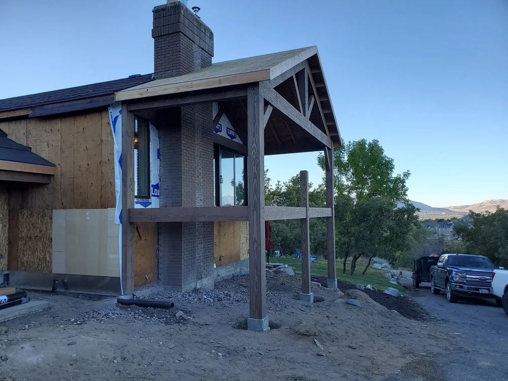 Timber frame and deck in process of being installed