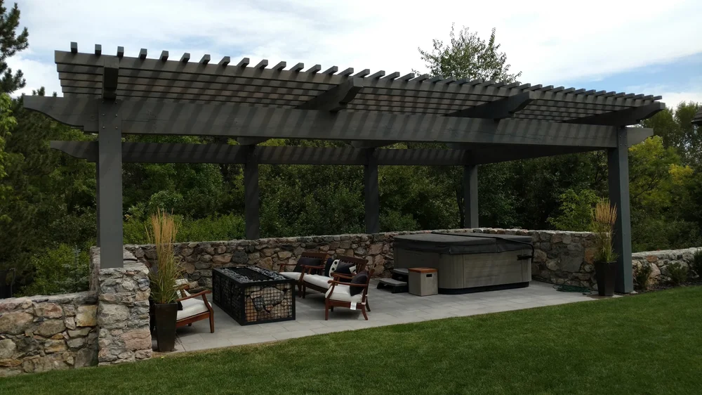 Layered timber pergola shading a backyard